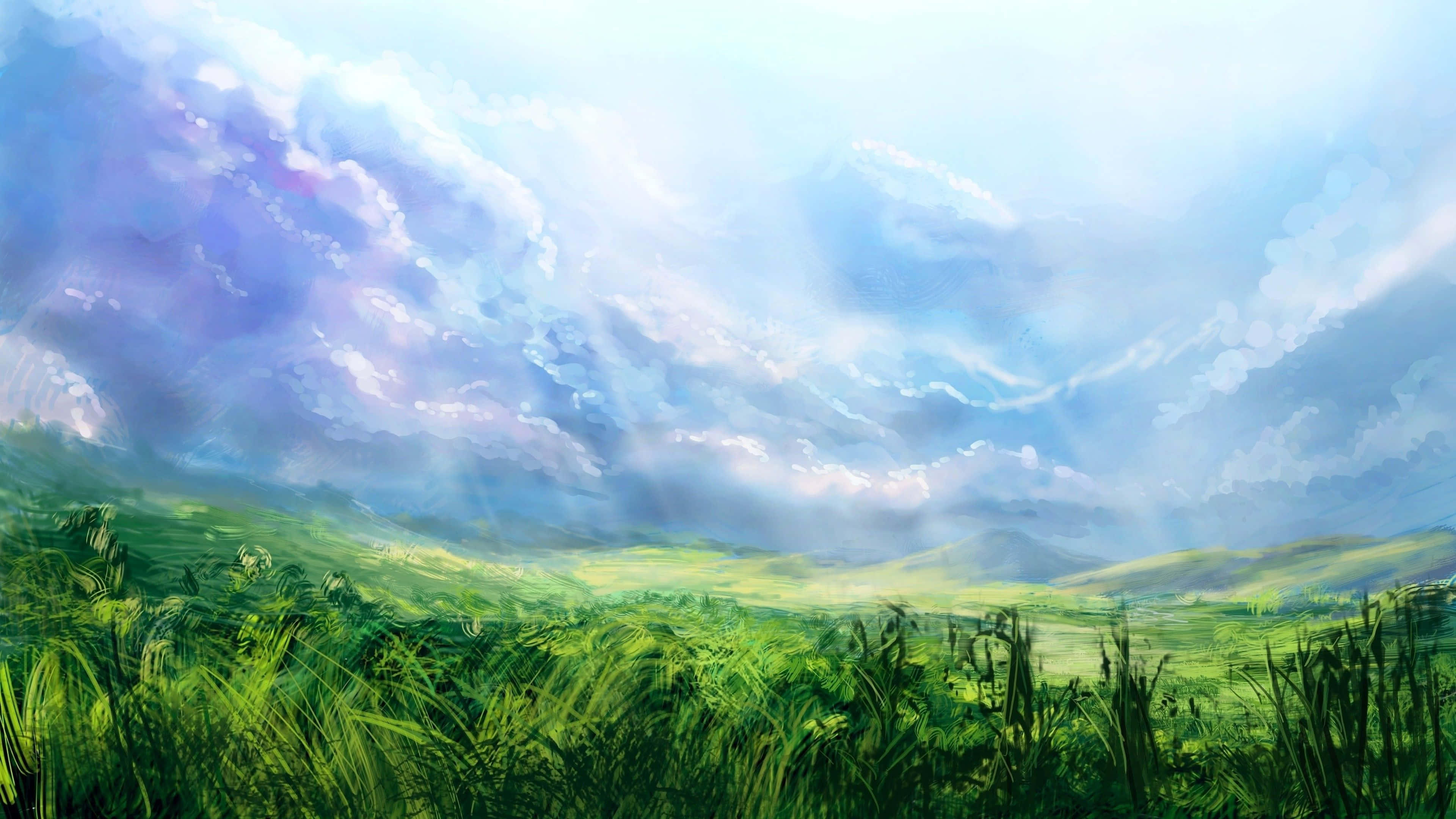 寫實草地與藍天畫作背景 壁紙 — 充滿活力的綠色草丘在帶有柔和紫色和藍色雲彩的戲劇性天空下延伸。