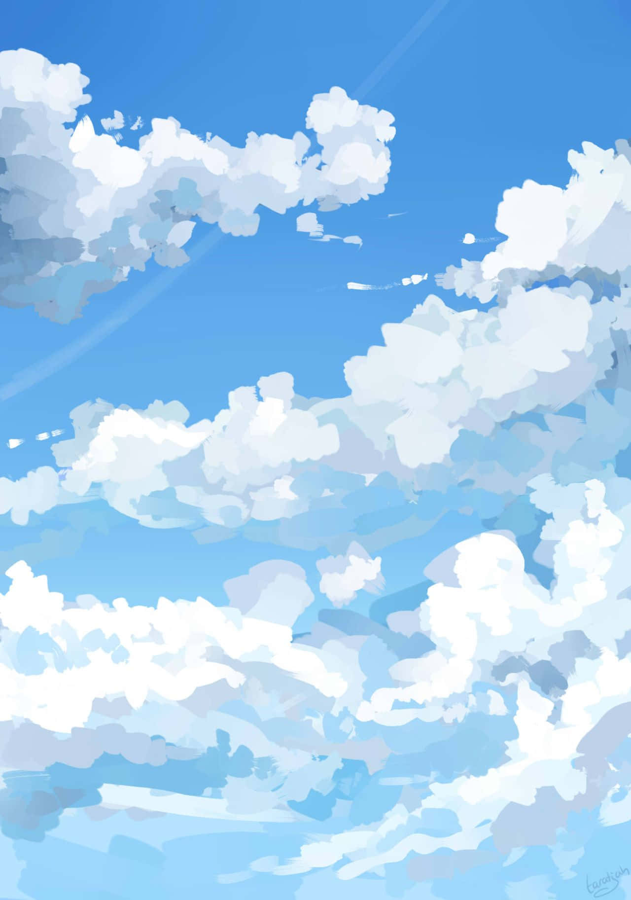 柔和藍天與蓬鬆白雲，數位繪畫風格。