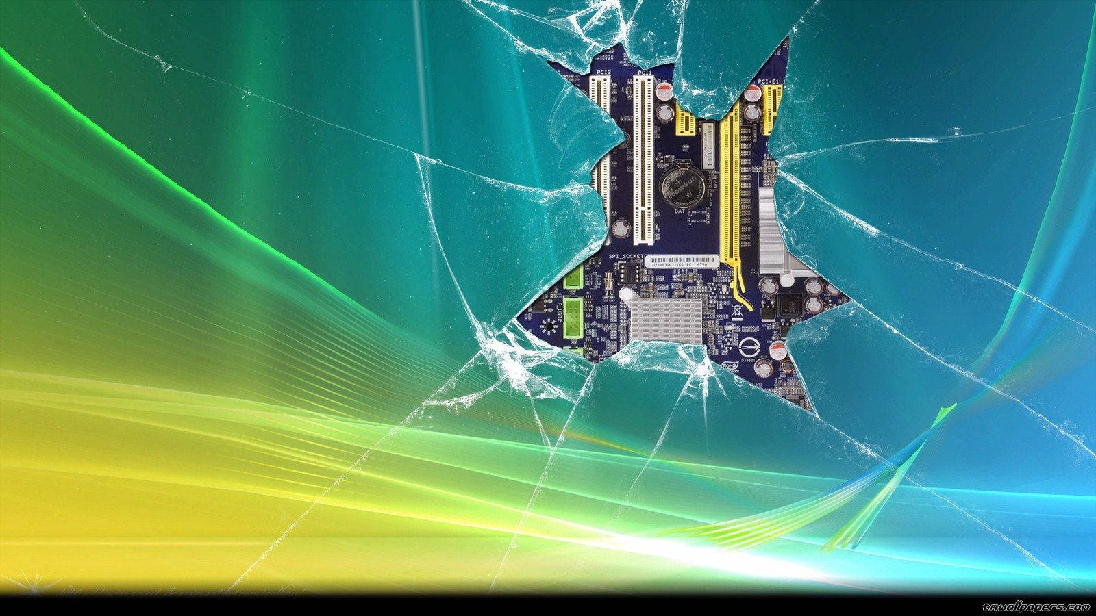 寫實風格 Windows Vista 壁紙 — 碎裂玻璃效果在充滿活力的綠色、黃色和藍色漸變背景上展現電腦主機板。
