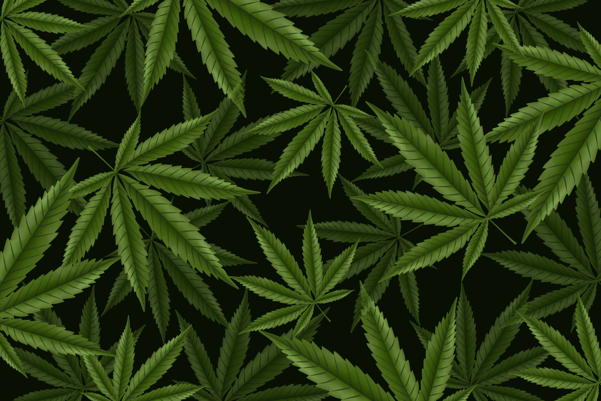 綠色大麻葉在黑色背景上形成密集的重複圖案。