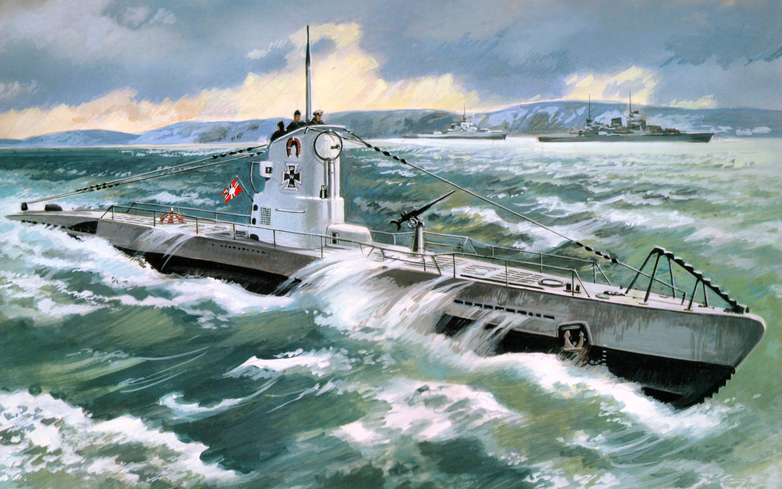 寫實風格戰艦繪畫 壁紙 — 一艘德國U型潛艇在波濤洶湧的綠色海水中浮出水面，遠處有軍艦在暴風雨的天空下可見。