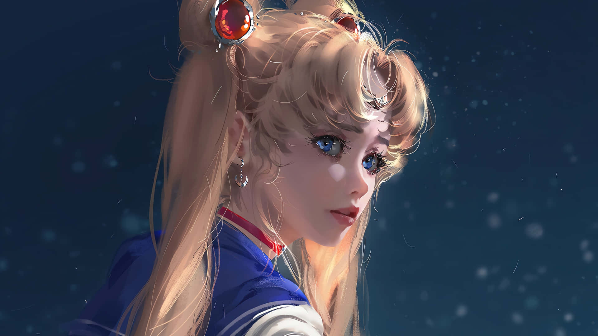 星空夜空下，金髮雙馬尾藍眼的動漫角色。