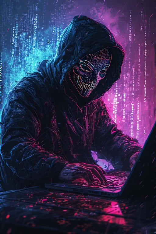 一個戴著面具的黑客穿著深色連帽衫，在發光數碼代碼環繞下打字。 — 黑客 壁紙