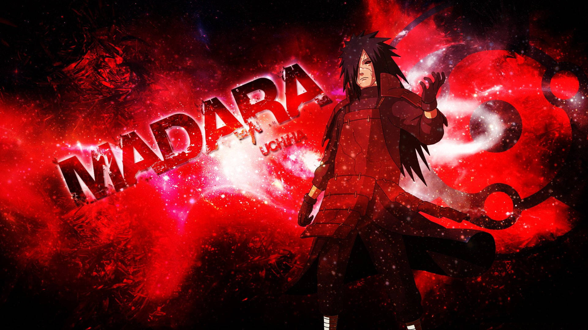 動漫角色 Madara Uchiha 在紅色宇宙背景中，帶有發光的名字。