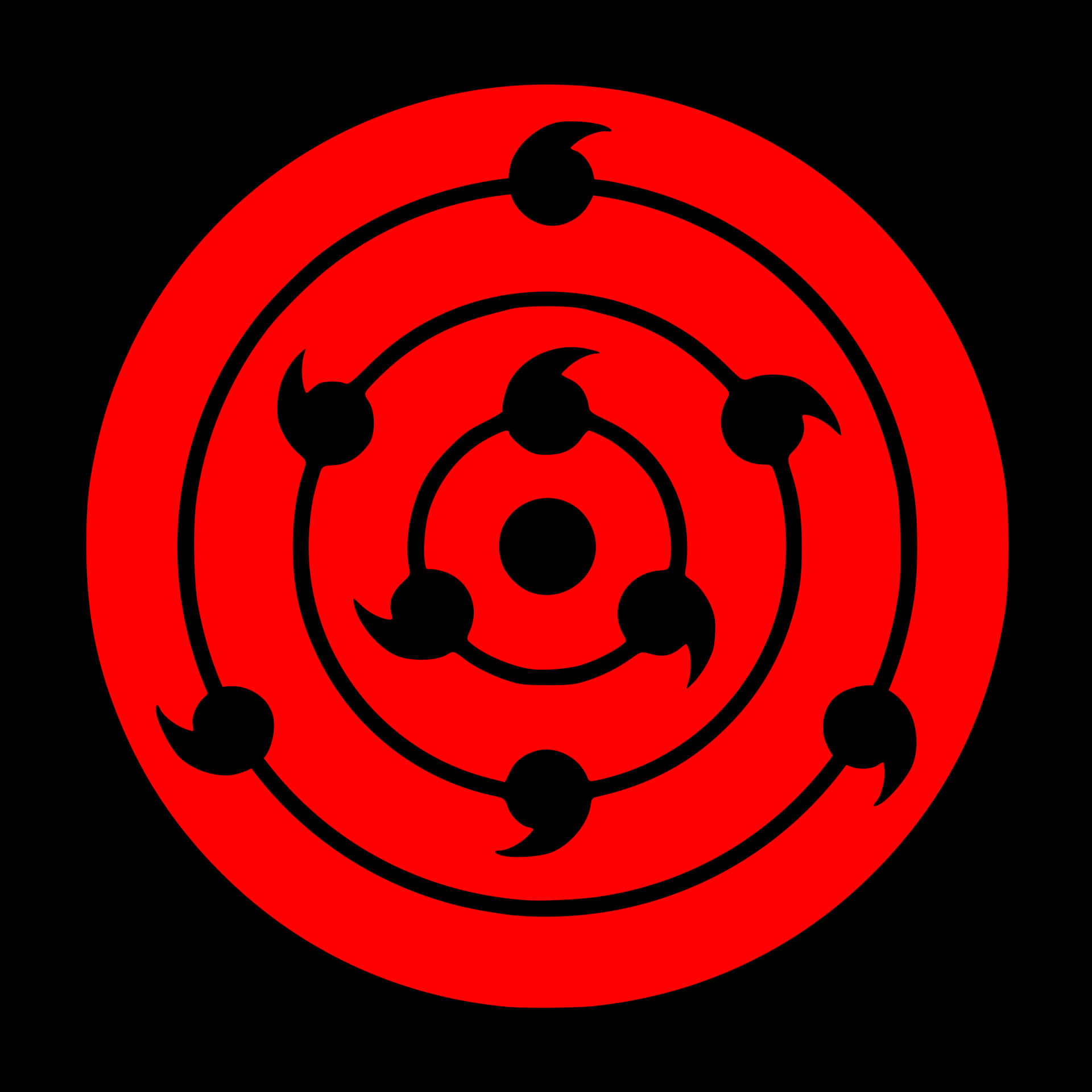 帶有黑色圓環和彎曲標記的紅色圓形動漫符號。