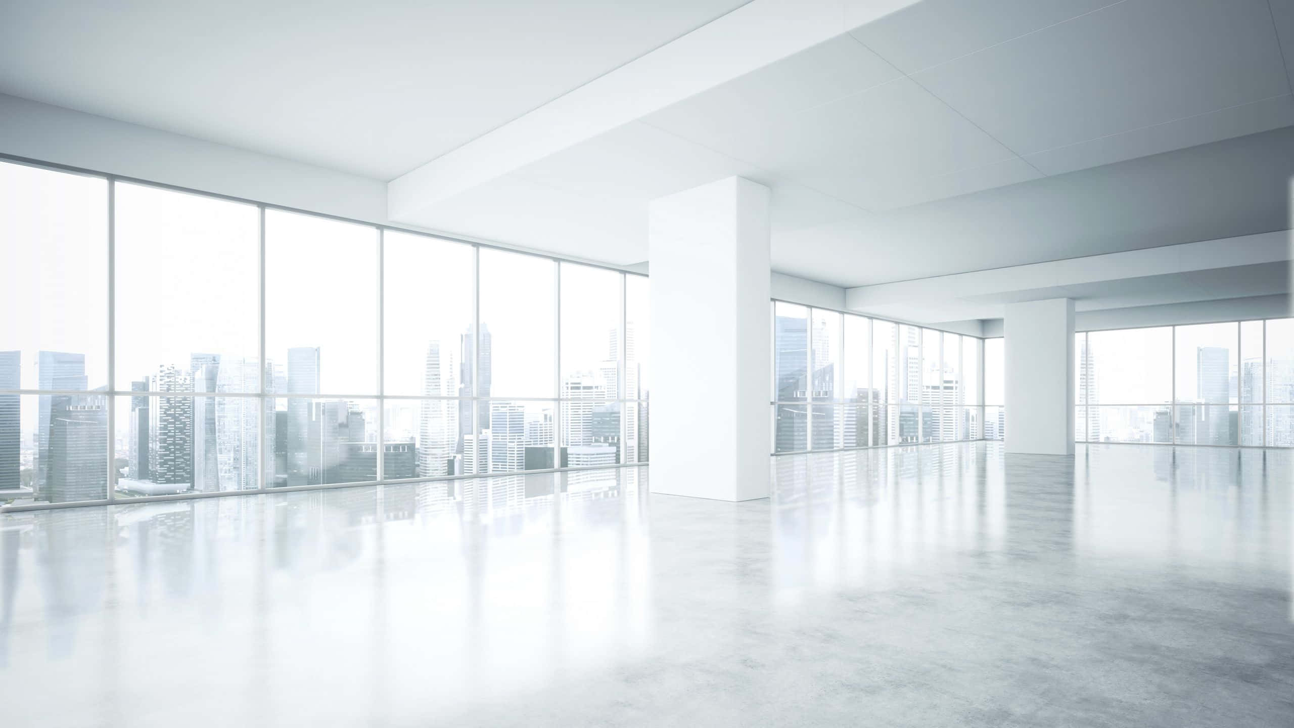 Office Decoration 桌布 壁紙 — 寬敞的極簡辦公室空間，設有落地窗，可俯瞰明亮的城市天際線。