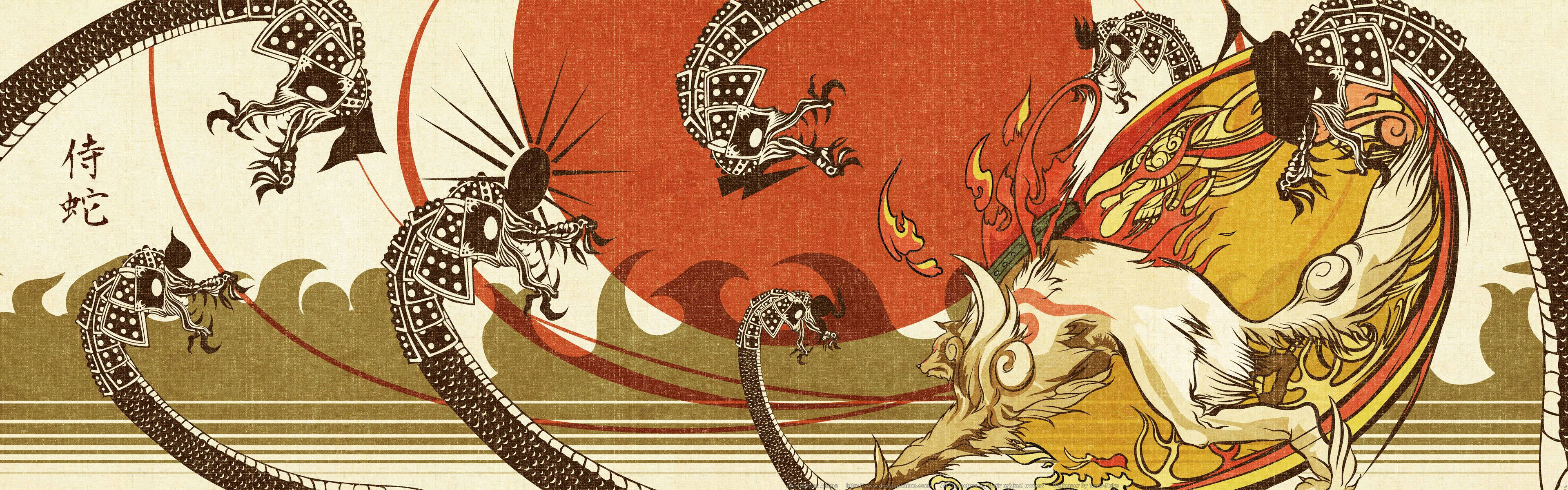 神話中的日本龍和馬以傳統藝術風格圍繞紅日旋轉。