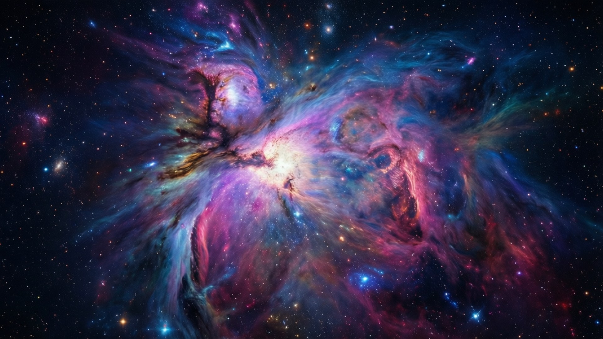 充滿活力的粉紅色、紫色和藍色星雲，在深空中閃爍著星星