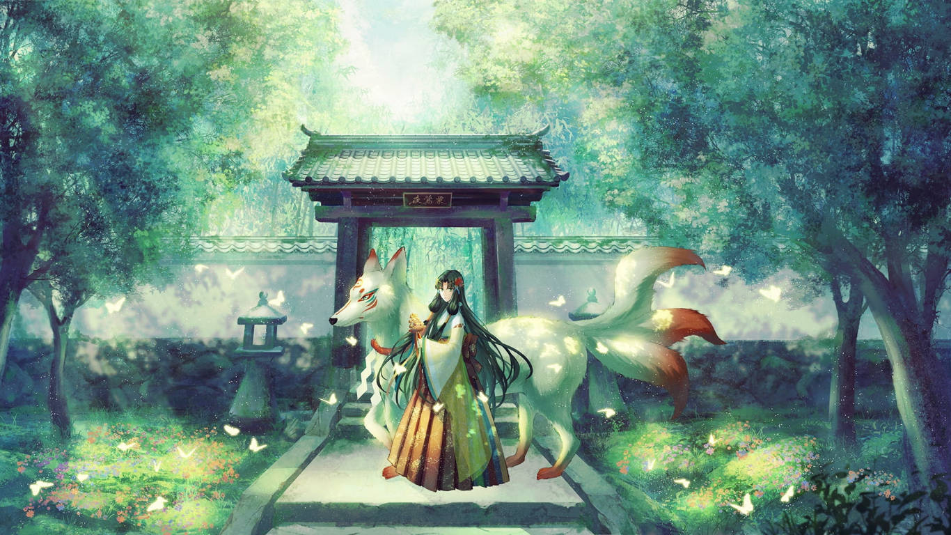 身穿傳統長袍的女孩與白狐同伴在寧靜的花園中，蝴蝶飛舞。