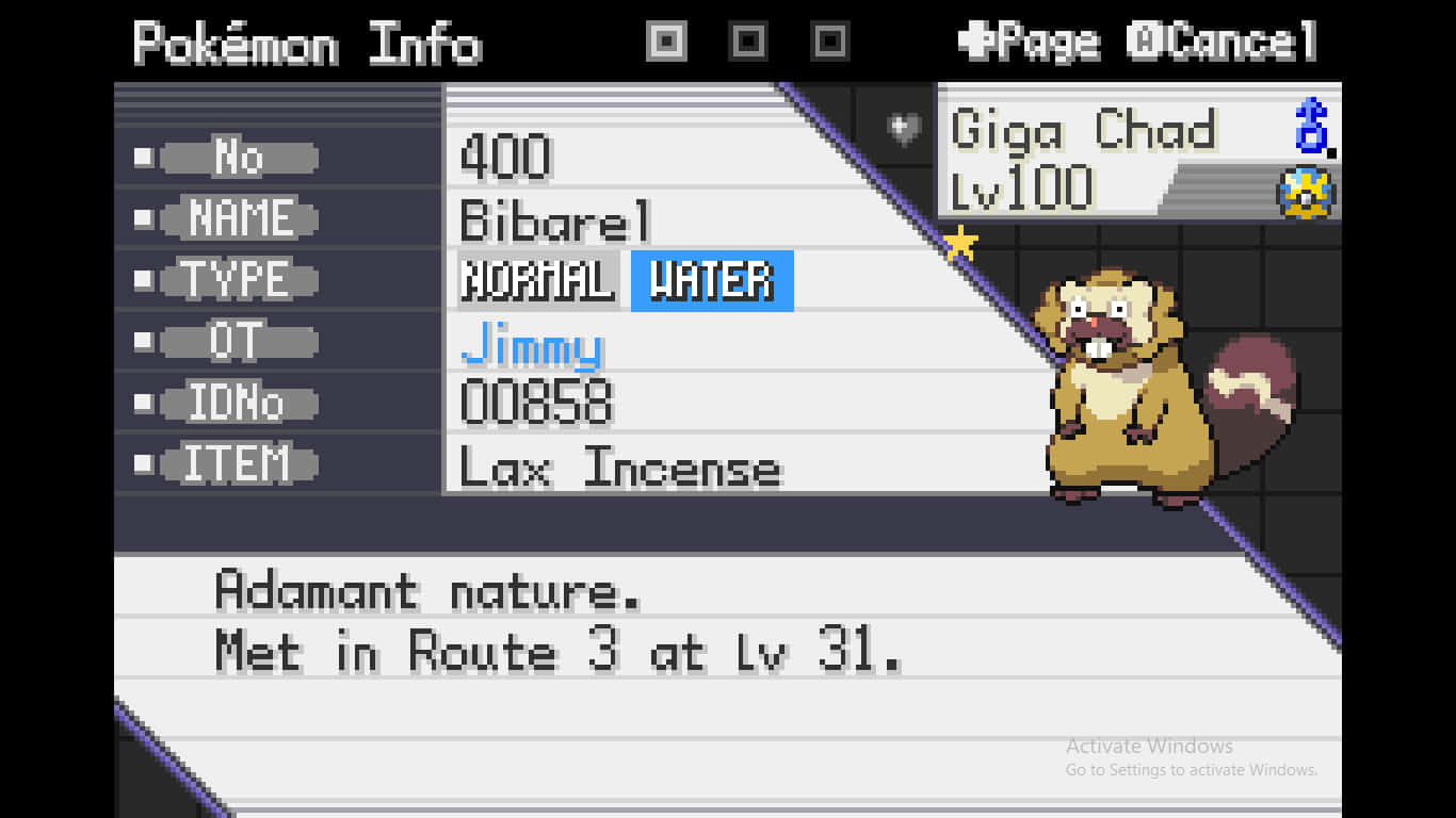 Pokémon遊戲界面，顯示Bibarel喺等級100，暱稱Giga Chad，道具Lax Incense。