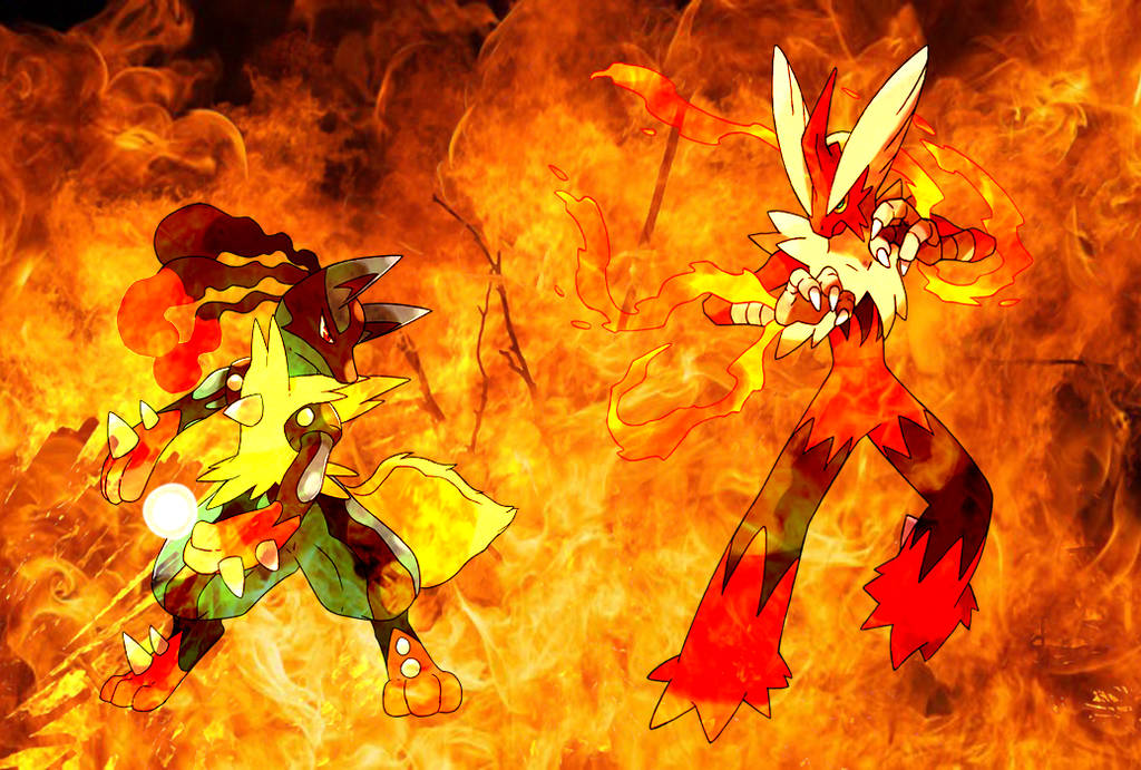 寶可夢 Blaziken 與 Lucario 火焰對決 壁紙 — 兩隻火屬性寶可夢在旋轉的火焰中戰鬥，呈現出動態的動畫風格插圖。