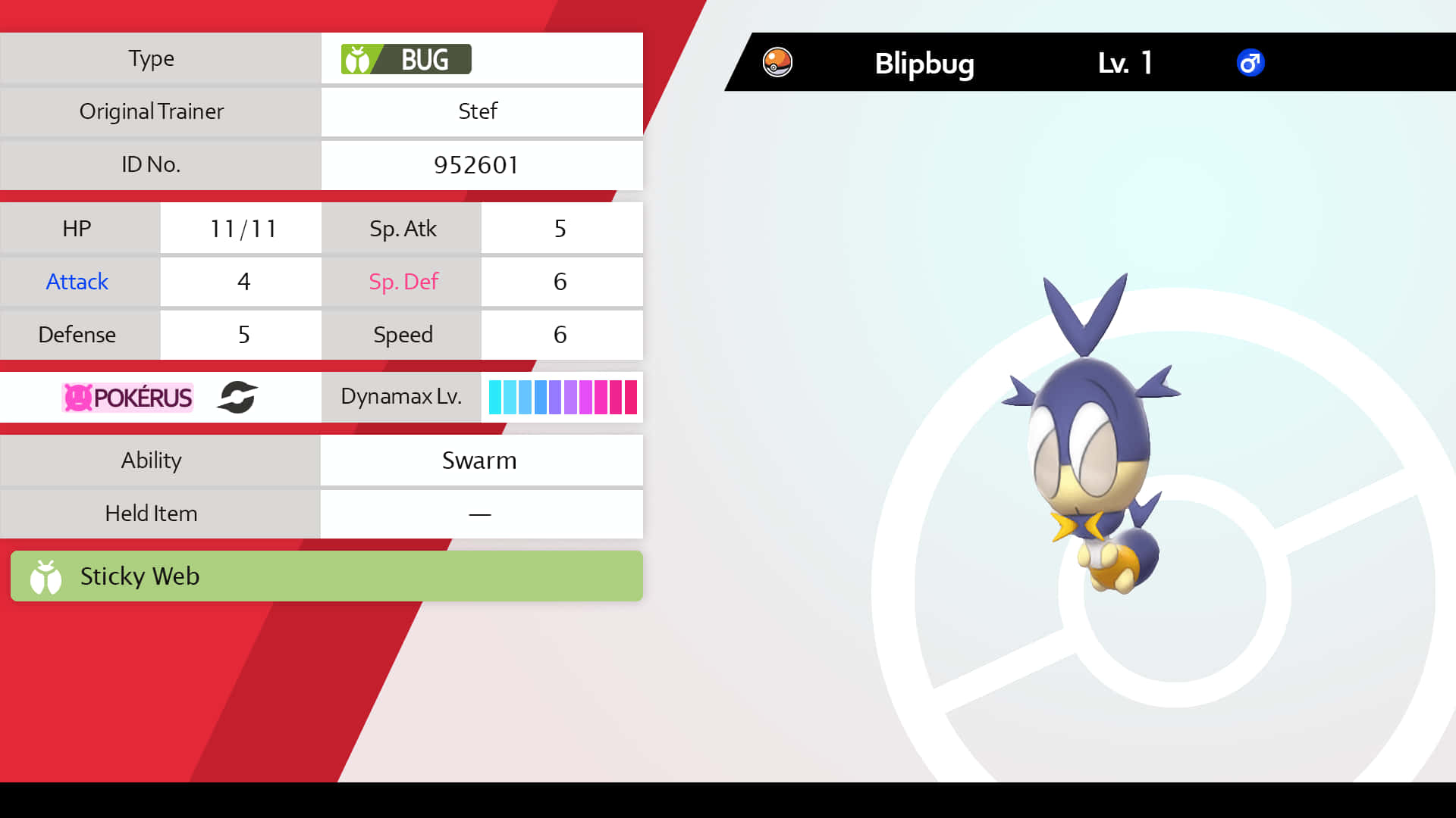寶可夢 Blipbug 統計數據 壁紙 — 一隻等級一的索偵蟲寶可夢，在遊戲介面中顯示了能力值和寶可夢圖鑑資訊。