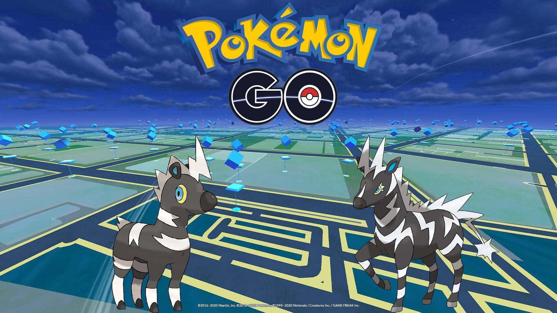 寶可夢 Blitzle 與 Zebstrika 壁紙 — 兩隻斑馬般嘅Pokémon企喺發光嘅網格上，天空多雲，上面有Pokémon GO標誌。