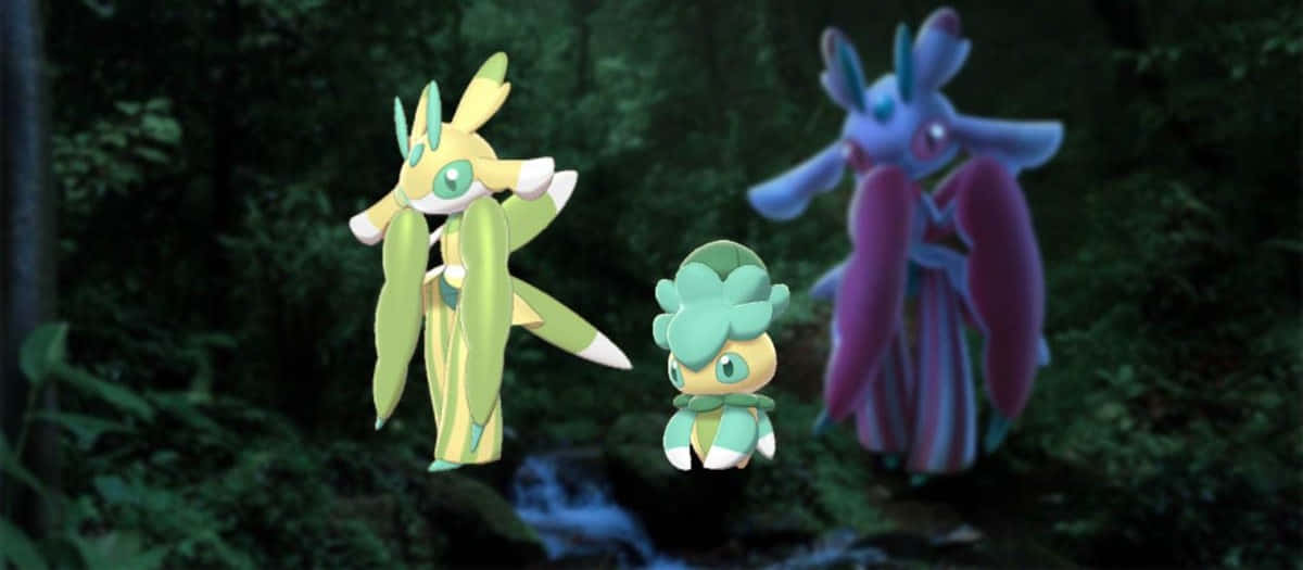 寶可夢 Fomantis 在茂密叢林中 壁紙 — 三隻色彩繽紛的寶可夢站在黑暗的森林中，下方有一條發光的小溪。