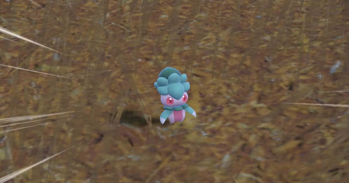 寶可夢 Fomantis 在高草叢中 壁紙 — 一隻細小嘅藍色同粉紅色嘅寵物小精靈，有紅色嘅眼，企喺乾燥嘅啡色草同落葉嘅田野入面。