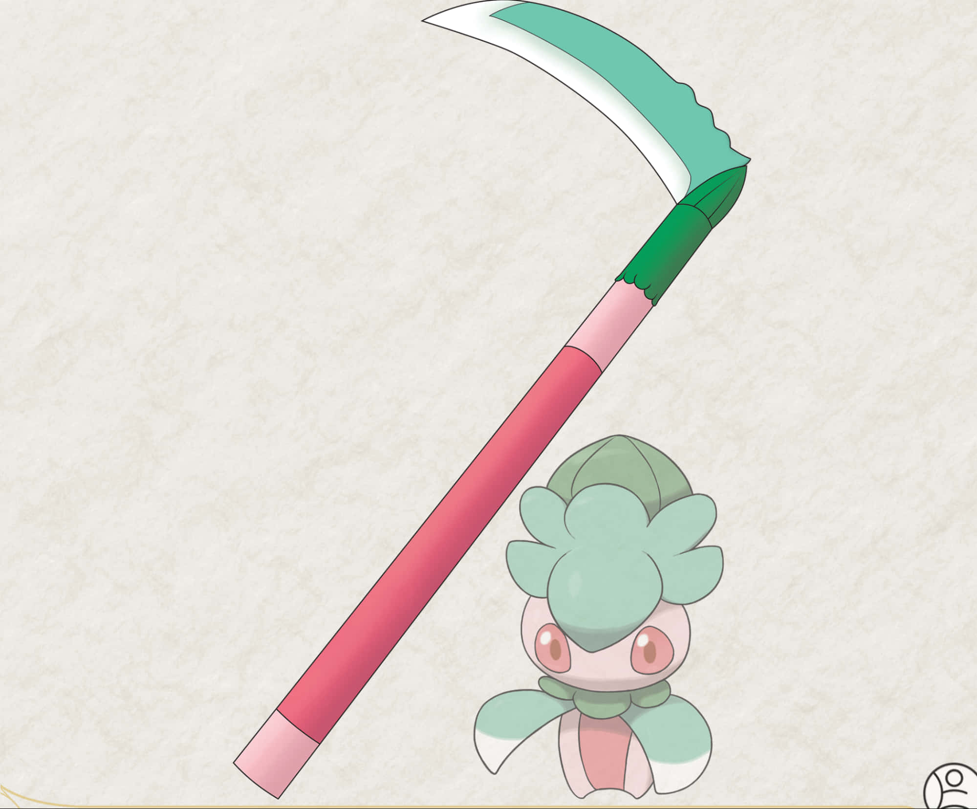 寶可夢 Fomantis 持鐮刀 壁紙 — 一隻可愛的綠色和粉紅色寶可夢站在一把大鐮刀旁邊，鐮刀有彎曲的刀片和粉紅色的手柄。