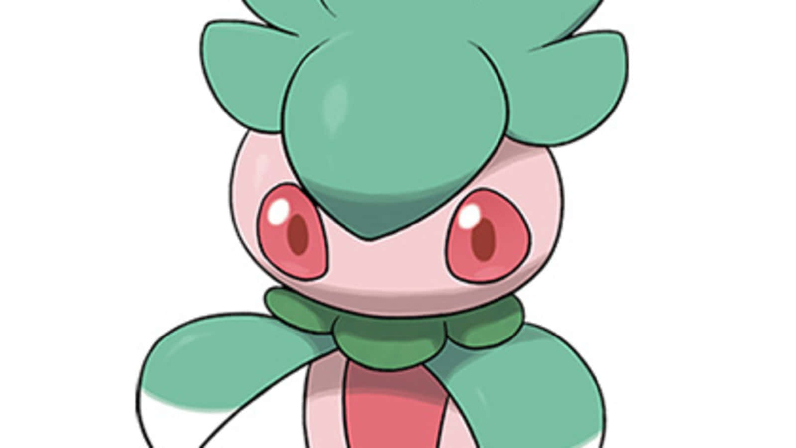 寶可夢 Fomantis 白色背景特寫 壁紙 — 一個可愛的卡通神奇寶貝，有著綠色的葉狀頭和紅色的眼睛，站在純白色的背景前。