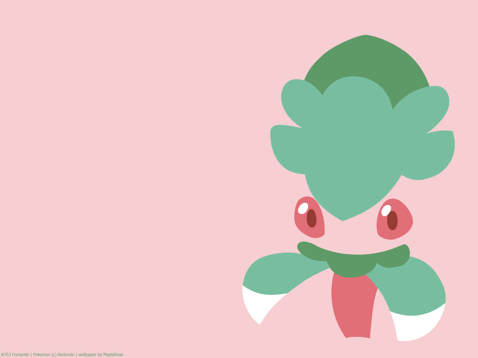 寶可夢 Fomantis 粉紅極簡風格 壁紙 — 一隻可愛的卡通神奇寶貝，擁有綠色葉狀頭髮和紅色眼睛，從右側探出頭來，背景是柔和的粉紅色。