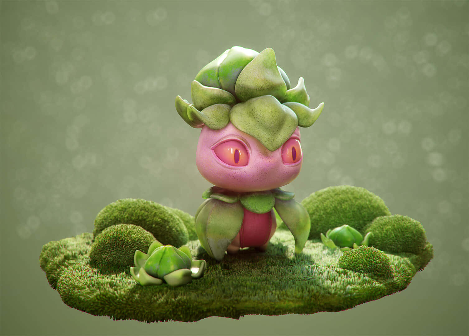 寶可夢 Fomantis 綠色玩具模型 壁紙 — 一隻可愛的粉紅色生物，有著發光的紅色眼睛和綠色葉子帽子，坐在長滿苔蘚的浮島上，背景是柔和的綠色散景。