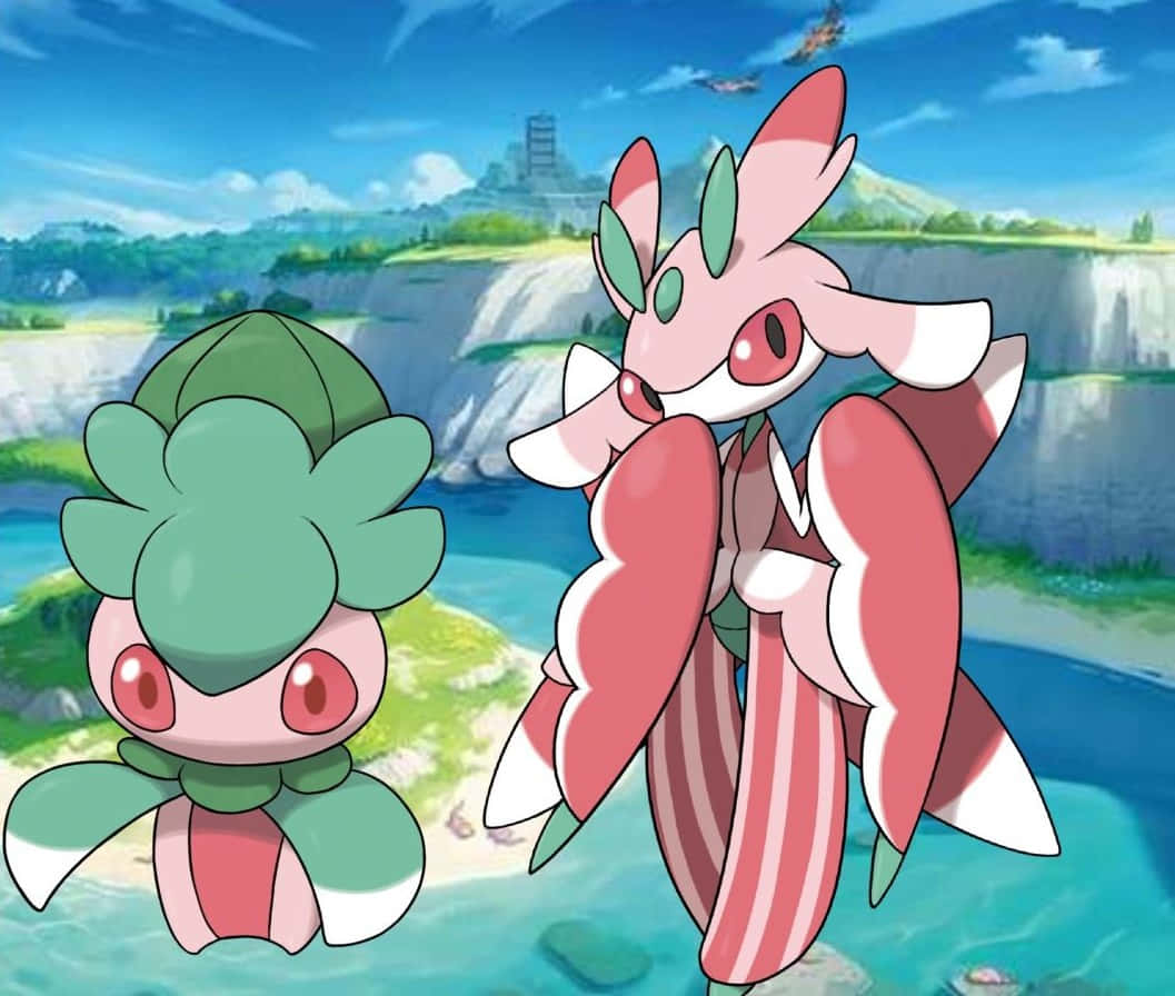 寶可夢 Fomantis 與 Lurantis 在潺潺河畔 壁紙 — 兩隻動漫風格嘅寵物小精靈企喺清澈嘅水入面，近懸崖邊，遠處有城堡，天空晴朗蔚藍。