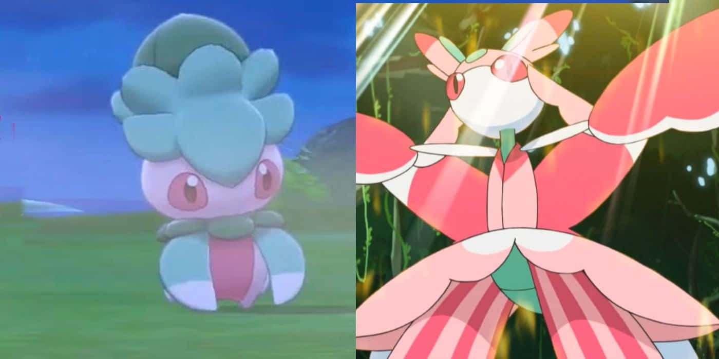 寶可夢 Fomantis 與 Lurantis 拼貼圖 壁紙 — 兩個寶可夢角色，一個有藍色花朵狀頭部和粉紅色身體，另一個有粉紅色翅膀和紅色條紋，在森林中發光。