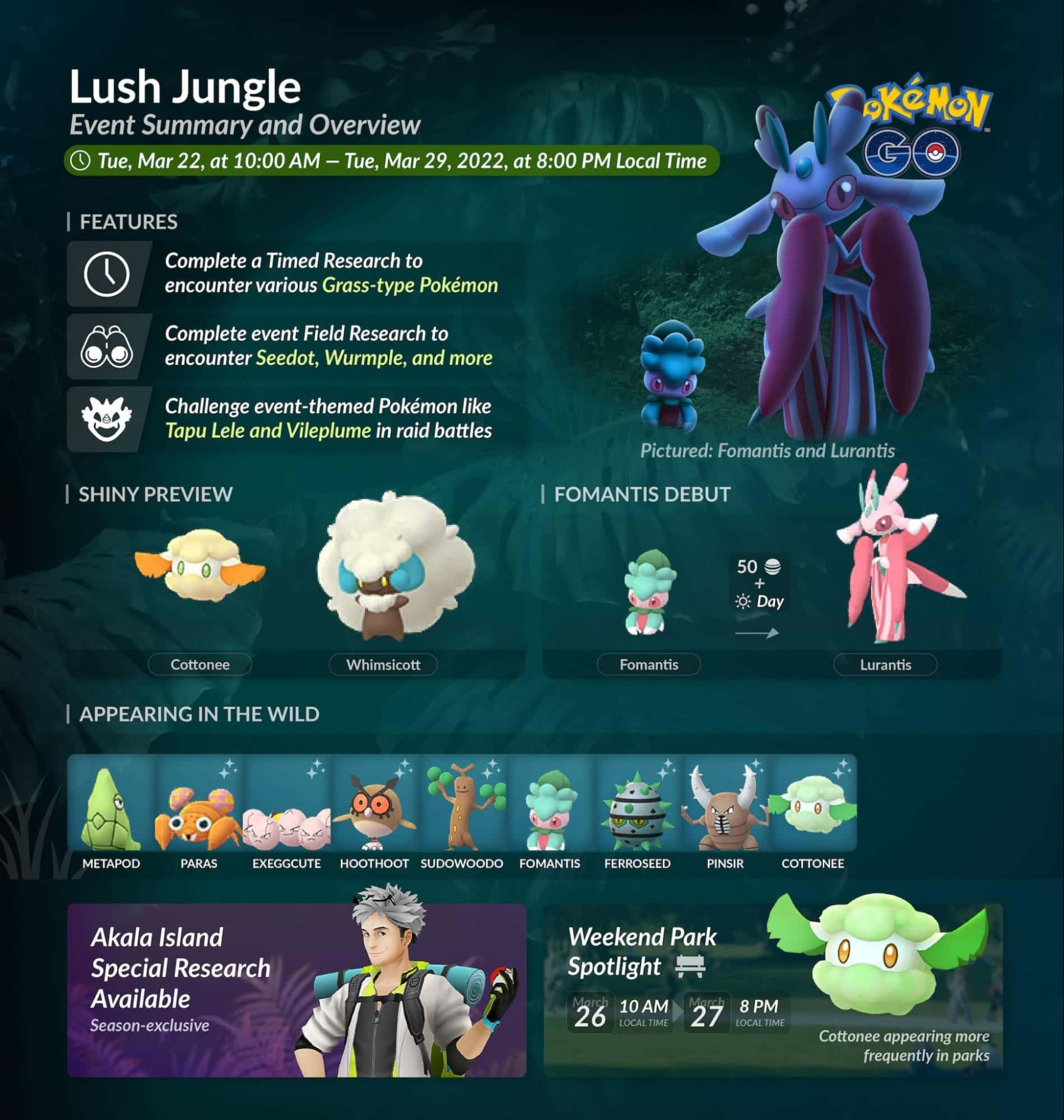 寶可夢 Fomantis 與 Lurantis 在繁茂叢林冒險 壁紙 — 一個黑暗的叢林場景， featuring 發光的寶可夢如 Fomantis 和 Lurantis，並附有 Pokémon GO 的活動詳情。