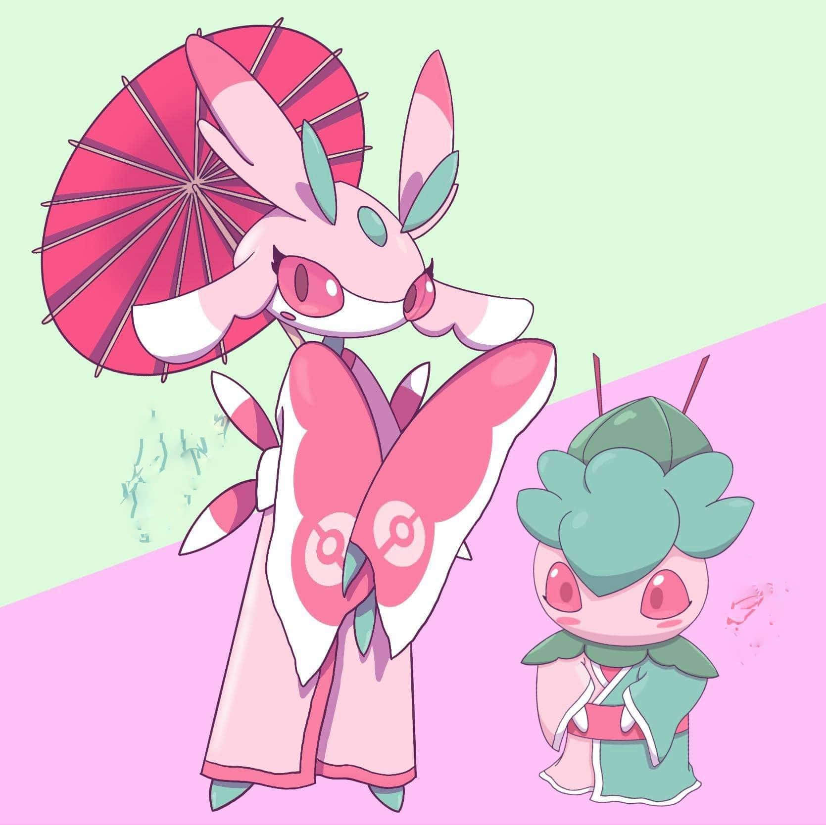 寶可夢 Fomantis 與 Lurantis 穿著日本和服 壁紙 — 兩隻動漫風格嘅寶可夢穿著傳統日本服飾，企喺粉紅色同綠色嘅分割背景前面。