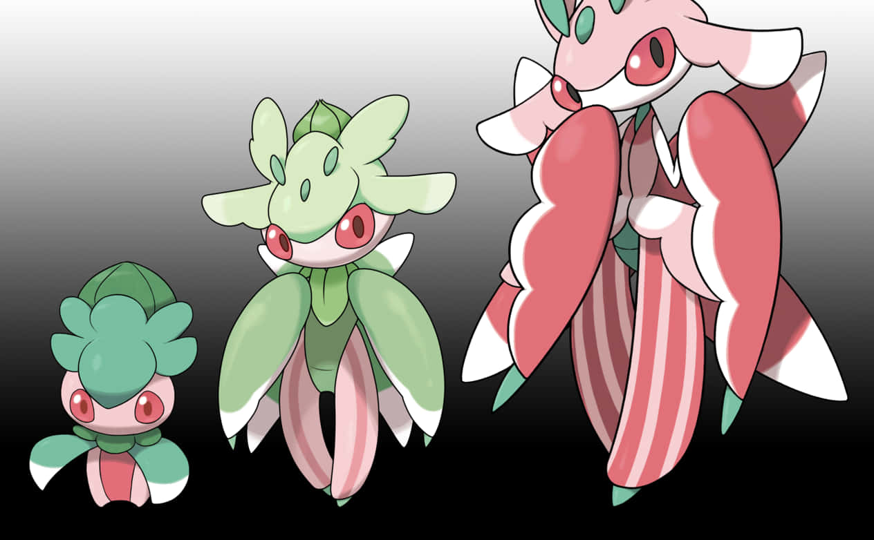 寶可夢 Fomantis 與其進化型態 壁紙 — 三個階段的寵物小精靈進化，顯示在由淺到深的漸變背景上。