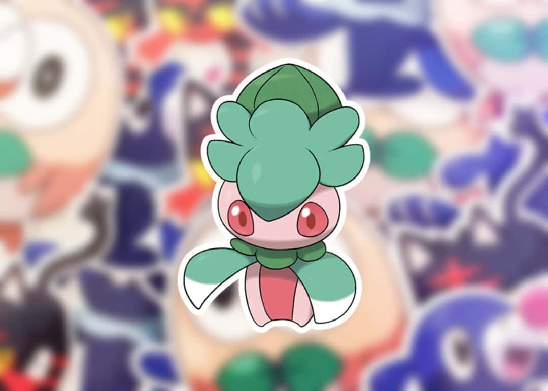寶可夢 Fomantis 與寶可夢背景 壁紙 — 一個充滿活力的綠色卡通寵物小精靈貼紙，有著紅色眼睛和葉狀頭部，在其他貼紙的彩色模糊背景中脫穎而出。