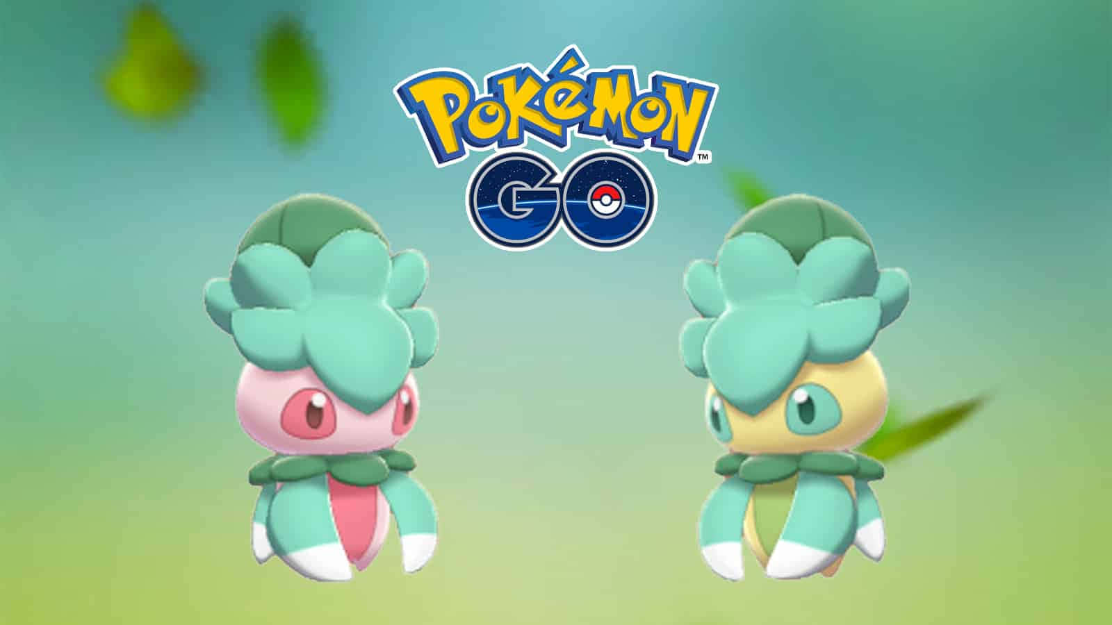 寶可夢 Fomantis 與閃光型態 Fomantis 壁紙 — 兩個卡通寶可夢角色在柔和的綠色漸變背景上漂浮，Pokémon GO 標誌居中位於它們上方。