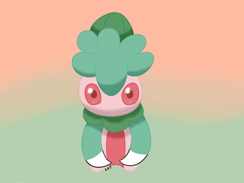 寶可夢 Fomantis 輕粉背景 壁紙 — 一隻可愛嘅卡通寵物小精靈，有綠色葉狀頭髮同紅色眼睛，坐喺柔和蜜桃同薄荷漸變背景前面。