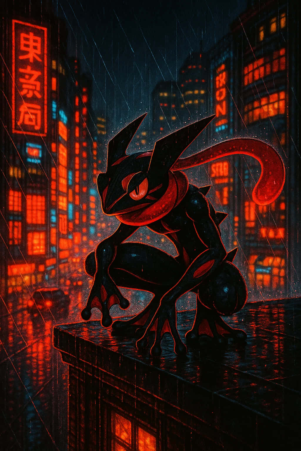 黑色貓狀生物，紅眼睛，在賽博龐克城市霓虹雨中的濕屋頂上