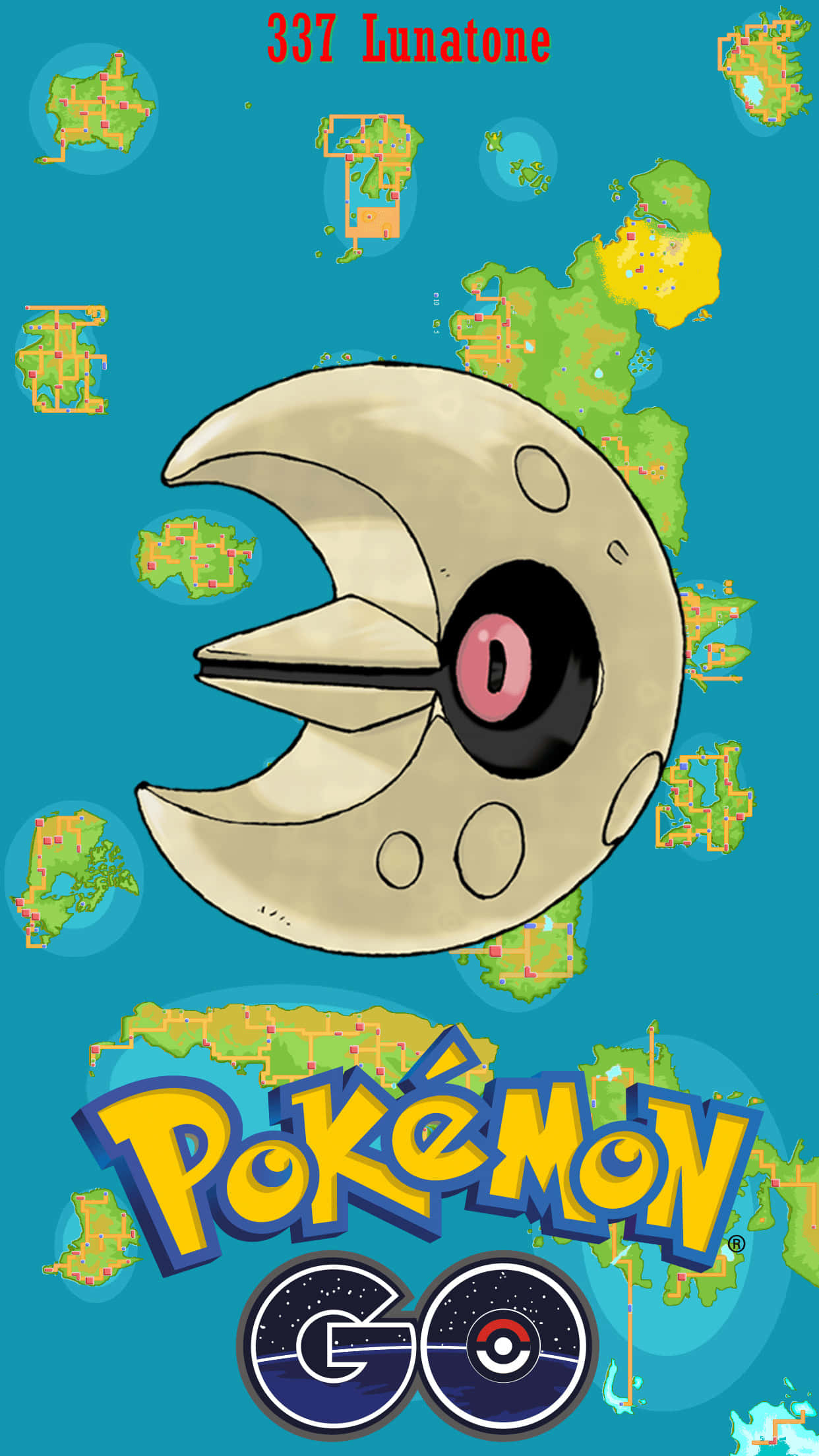 寶可夢 Lunatone Pokemon Go 壁紙 — 一個卡通月亮形狀的寶可夢名為Lunatone，在青綠色背景上漂浮，帶有漂浮的地圖碎片和Pokémon GO品牌標識。