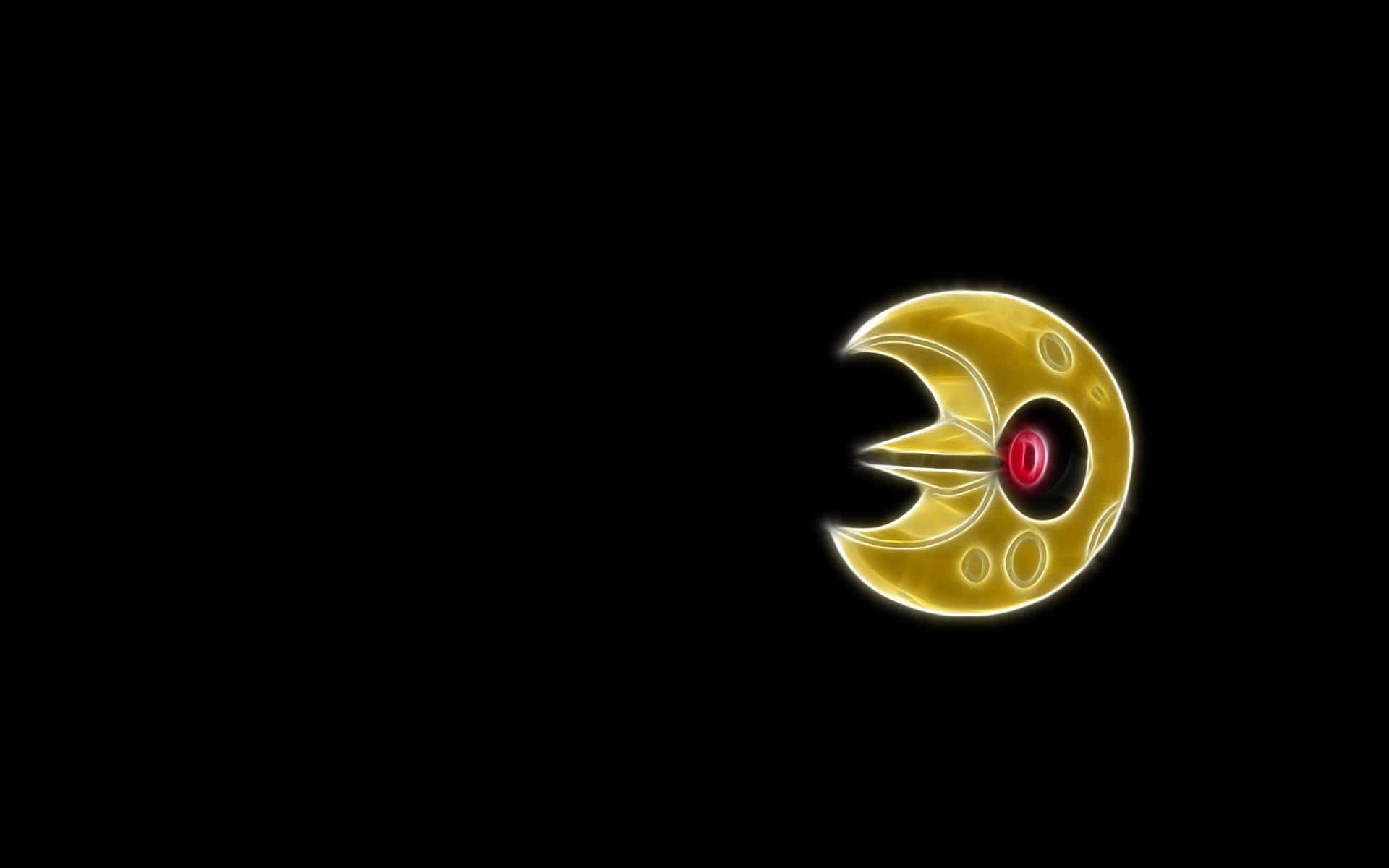 寶可夢 Lunatone 搭配純黑背景 壁紙 — 一個發光的金色 Pac-Man 角色，帶有紅色眼睛，背景為黑色。