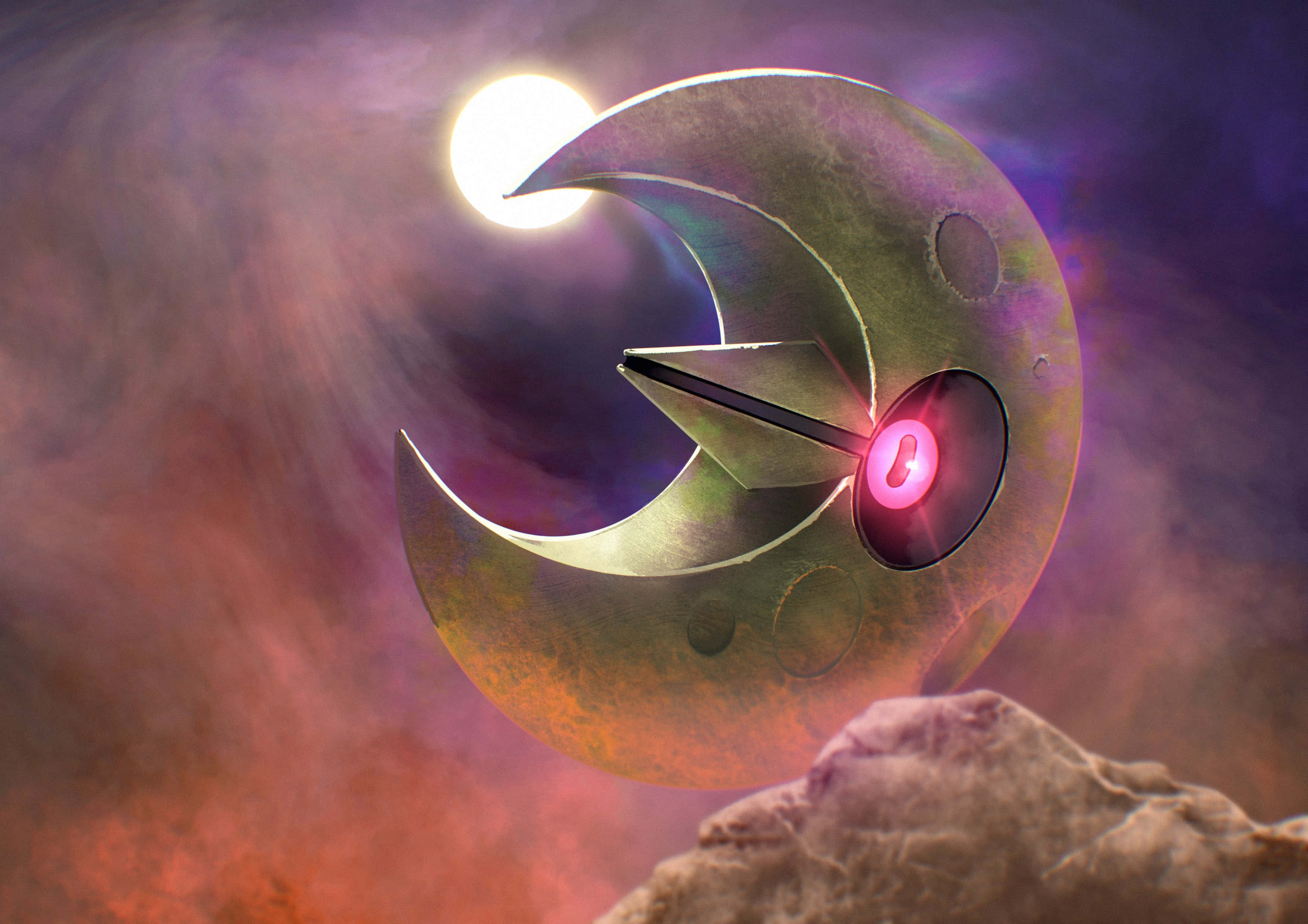 寶可夢 Lunatone 眼睛發光與雲朵背景 壁紙 — 一個金屬製的彎月，帶有發光的粉紅色眼睛和時鐘指針，漂浮在岩石露頭上，背景是充滿活力的宇宙星雲。