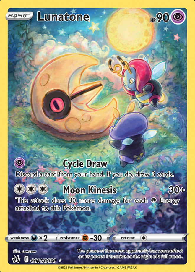 寶可夢 Lunatone 遊戲卡牌 壁紙 — 一隻發光的月亮寶可夢，有一隻眼睛和新月形狀，漂浮在一隻較小的寶可夢上方，背景是明亮的滿月。