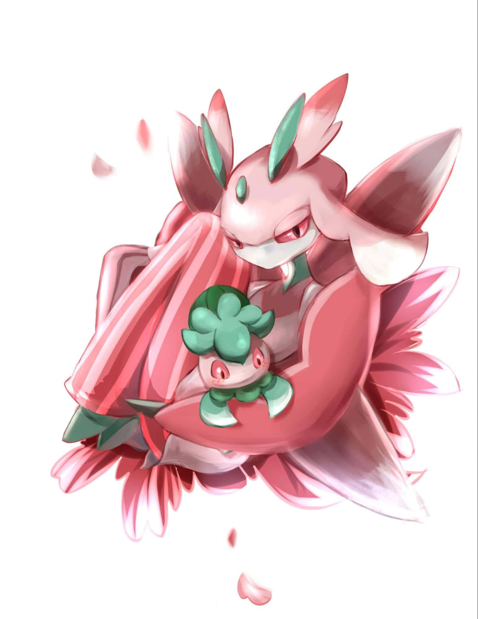 寶可夢 Lurantis 擁抱 Fomantis 壁紙 — 一隻粉紅色動漫風格的小精靈，帶有綠色點綴，懷抱著一隻較小的綠色小精靈，周圍有飄浮的花瓣。