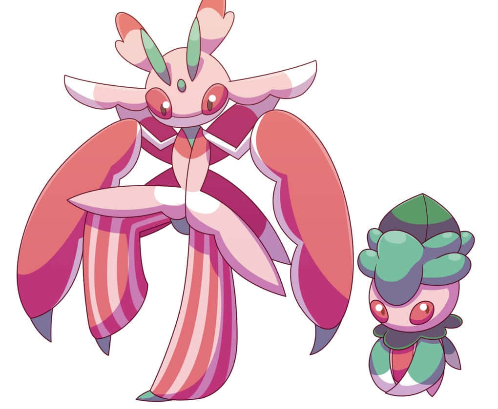 寶可夢 Lurantis 與 Fomantis 壁紙 — 兩隻風格化的動漫生物，一隻大的粉紅色，四肢流暢，一隻小的綠色，頭部像葉子，並排站在白色背景前。