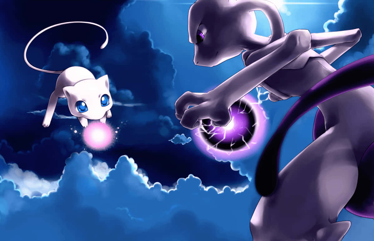 寶可夢：Mew 與 Mewtwo 天空對戰背景 壁紙 — 超夢夢同夢夢喺一個有旋轉雲層同發光能量球嘅戲劇性夜空下戰鬥。