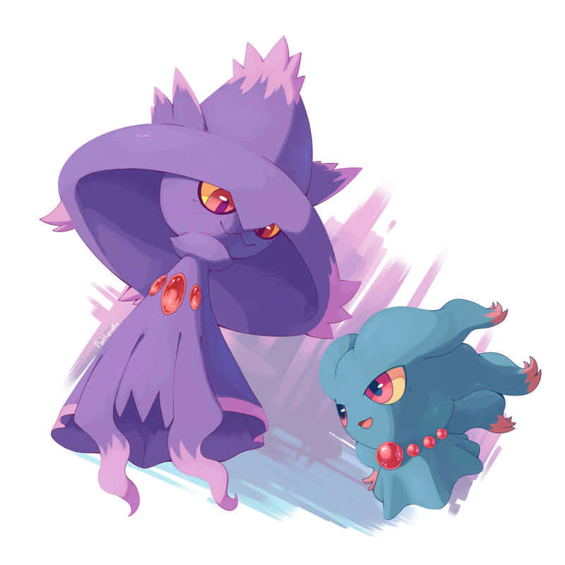 兩隻鬼系Pokémon，有發光嘅眼睛同紅色寶石，以動漫插畫風格呈現。