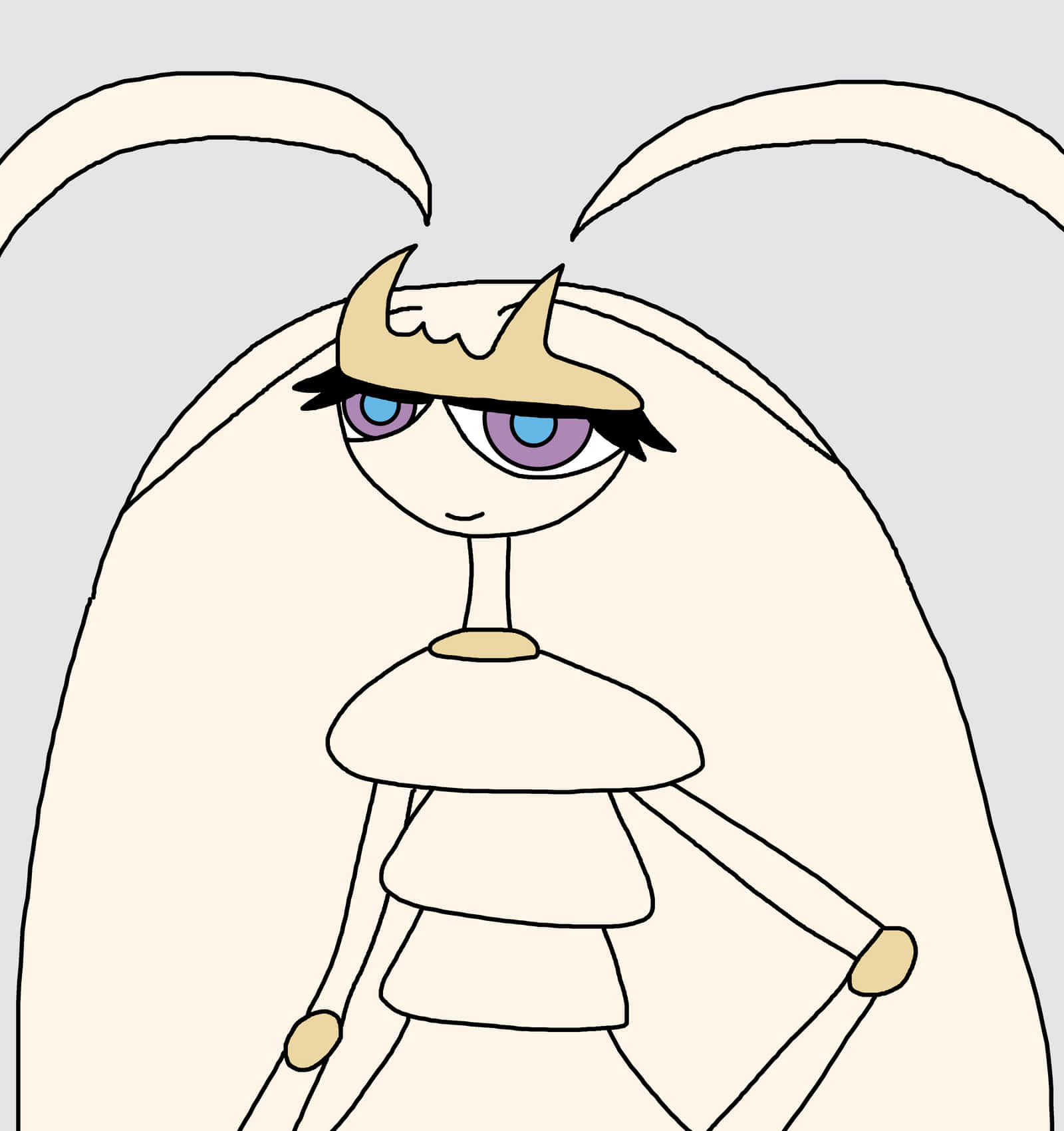 寶可夢 Pheromosa 搞笑卡通 壁紙 — 一個風格化的動漫角色，長長的白髮和紫色眼睛，穿著層疊的奶油色服裝，背景是純灰色。