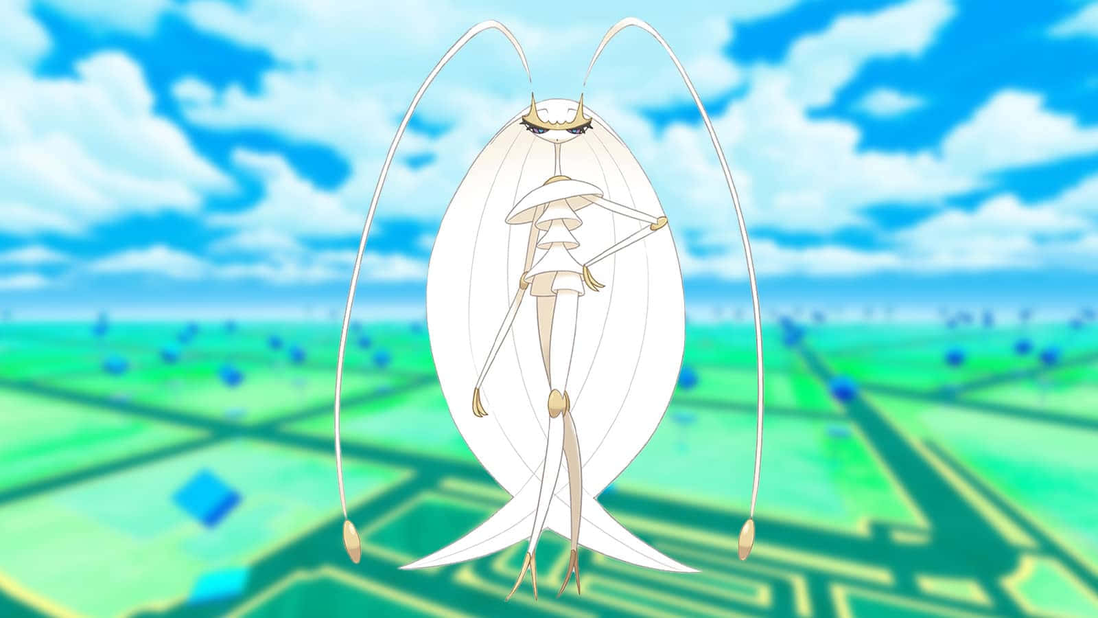寶可夢 Pheromosa 與寶可夢 GO 背景 壁紙 — 一隻白色動漫風格、長有長觸角的昆蟲狀生物，漂浮在藍天白雲下的綠色網格景觀之上。
