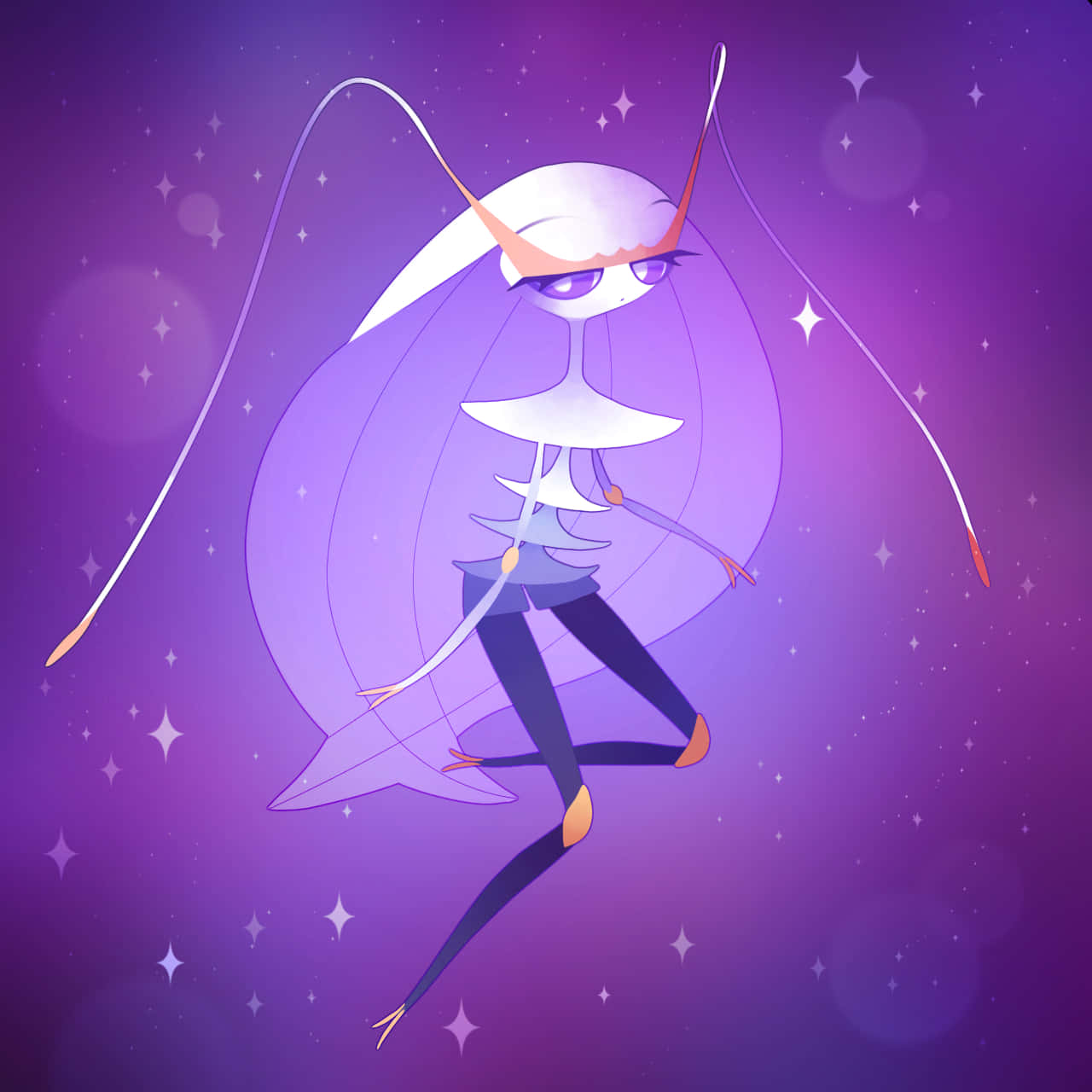 寶可夢 Pheromosa 與閃耀紫色背景 壁紙 — 一個風格化的動漫角色，擁有長長的白髮和紫色眼睛，在繁星點點的紫色宇宙背景中優雅地漂浮。