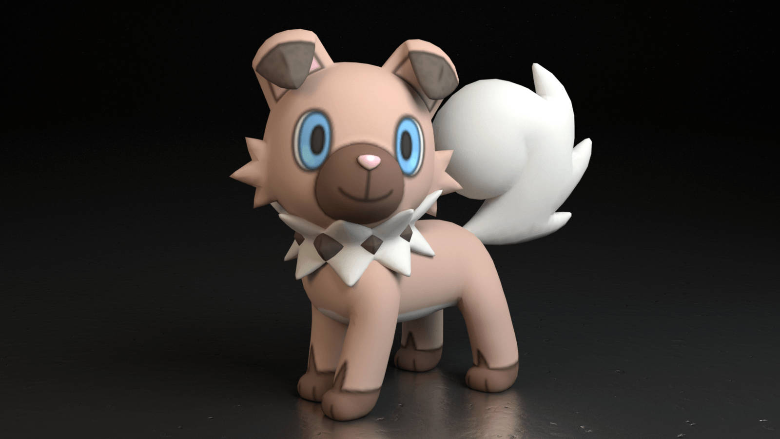 寶可夢 Rockruff 3D 呈現 壁紙 — 一個可愛的3D渲染寶可夢，有藍色眼睛和白色蓬鬆尾巴，站在黑暗的表面上。
