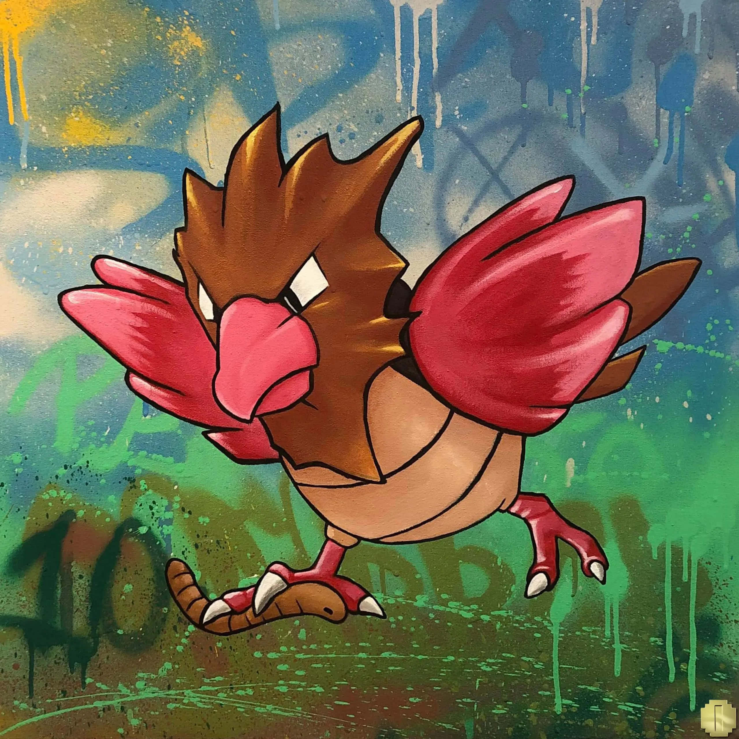 寶可夢 Spearow 搭配塗鴉風格背景 壁紙 — 一隻帶有紅色翅膀和棕色羽毛的兇猛卡通鳥站在塗鴉濺滿、油漆滴落的牆前。