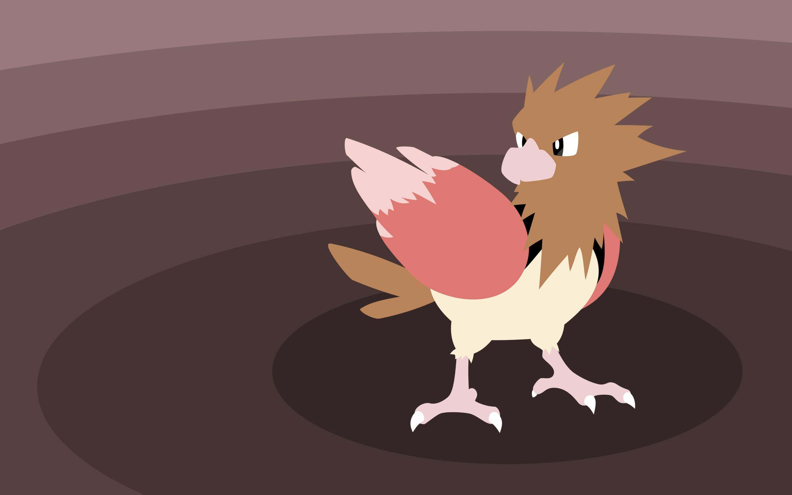 寶可夢 Spearow 矢量藝術（棕色背景） 壁紙 — 一隻卡通鳥類般的寶可夢，有棕色尖刺羽毛和粉紅色翼尖，警覺地站在一個深色圓形平台上。