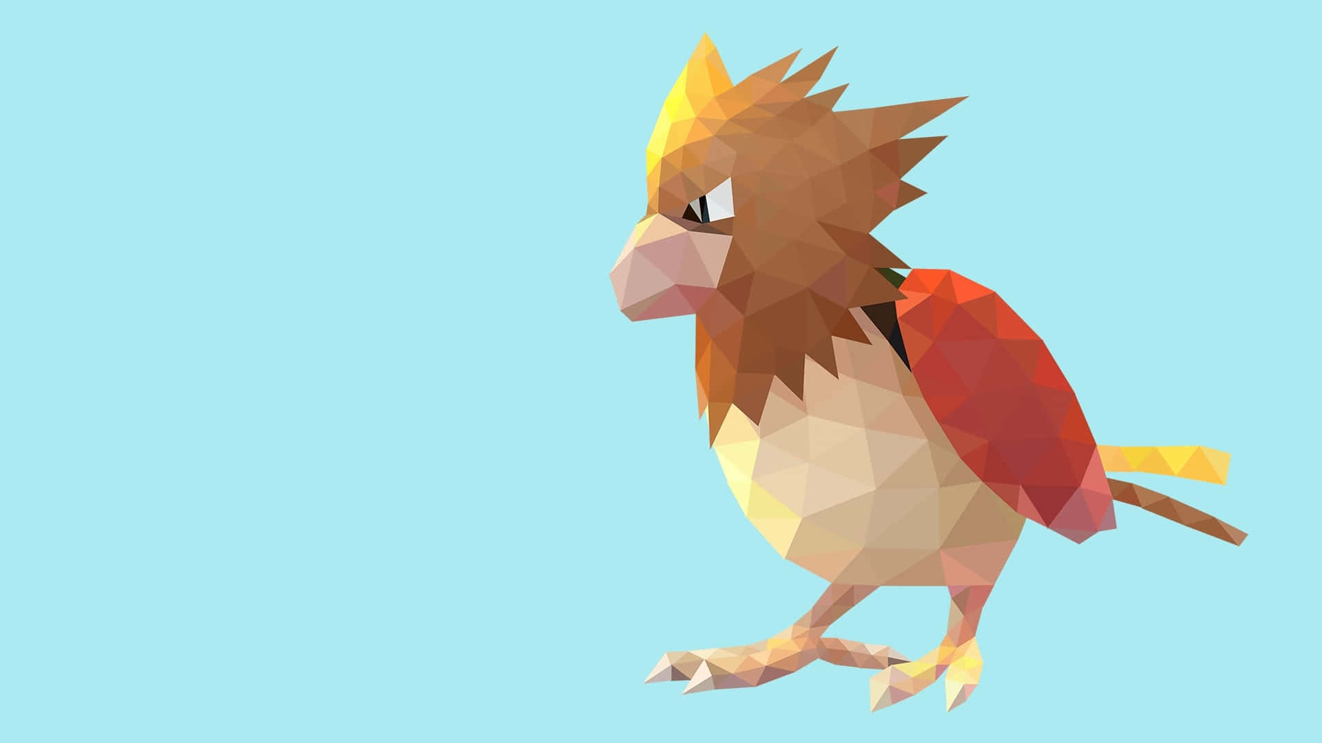 寶可夢 Spearow 純淺藍背景粉絲藝術 壁紙 — 一隻低多邊形風格嘅雀仔，有橙色、紅色同黃色嘅幾何羽毛，企喺淺藍色背景前面。