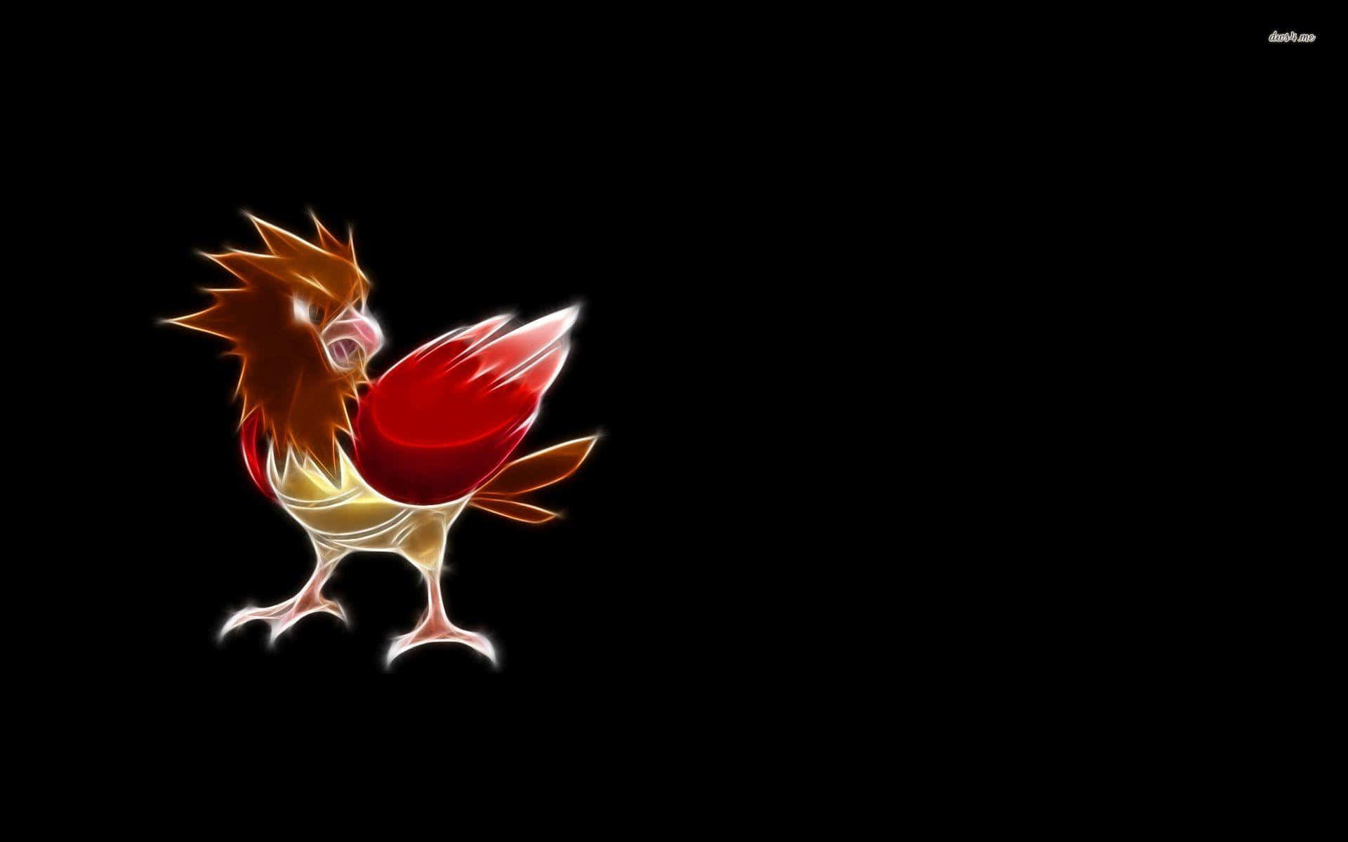 寶可夢 Spearow 純黑背景 壁紙 — 一隻火紅的公雞，帶有發光的紅色和橙色羽毛，在純黑背景下傲然挺立。