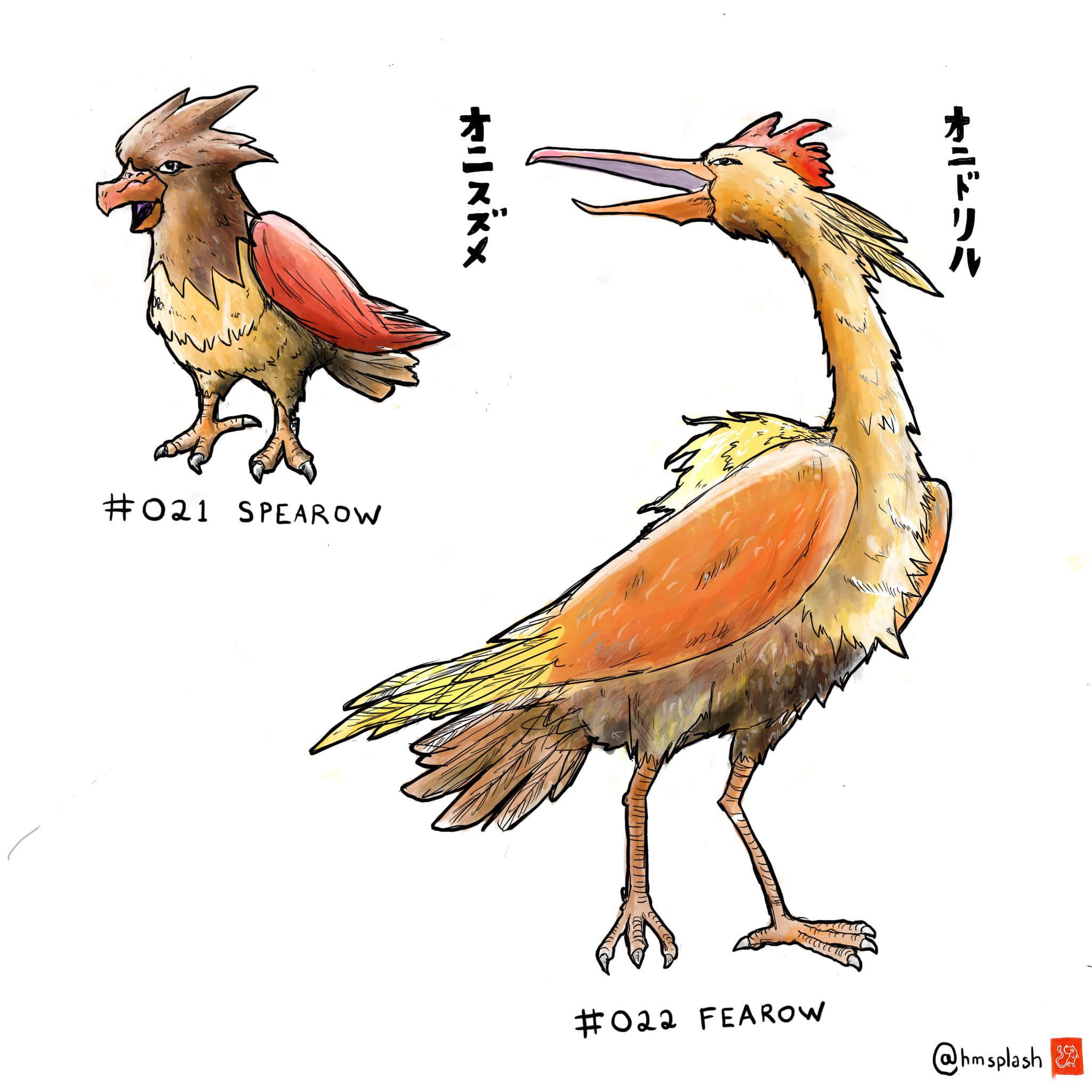 寶可夢 Spearow 與 Fearow 粉絲素描 壁紙 — 兩隻插圖鳥類生物，有尖銳的喙和羽毛覆蓋的身體，標記為 Spearow 和 Fearow。