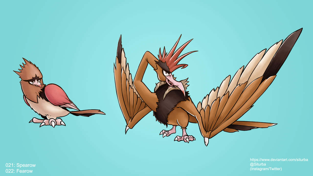 寶可夢 Spearow 與 Fearow 鮮豔藍色背景 壁紙 — 兩隻卡通鳥類寶可夢烈雀和大嘴雀在純青色背景上翱翔，帶有粗線條和柔和陰影。